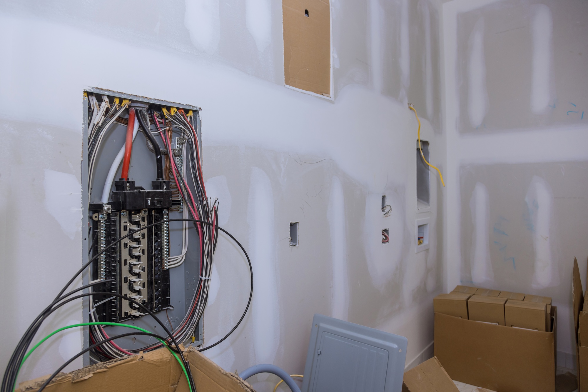Close up circuit breakers and wire in control panel